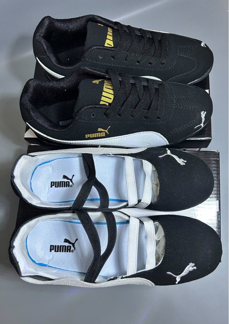 Puma Kids Shoes - Black & White (Category: Flats & Sandals) located in Rizal. Submitted by sakre (Listing ID 1462831029, Image 2). Description: -Couple Shoes - Two pairs of Puma shoes included. - Pair 1: Black ballet flats with elastic straps. - Pair 2: Black sneakers with laces. - Both feature white accents and the iconic Puma logo. - Comes with original boxes for both pairs. - Ideal for everyday wear..