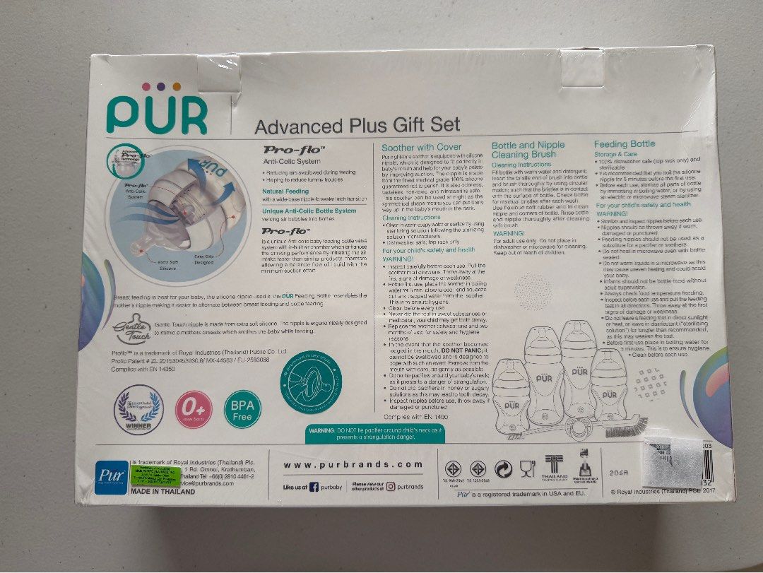 PUR Advanced Plus Gift Set Baby Bottles (Category: Breastfeeding & Bottle Feeding) located in Las Pinas. Submitted by alayssaacruz (Listing ID 1462865261, Image 2). Description: - PUR Advanced Plus Gift Set - Perfect for newborns - Includes 4 bottles: 2 x 5 oz and 2 x 8 oz - Comes with a bottle and nipple cleaning brush - Includes a soother with cover - BPA-free -.
