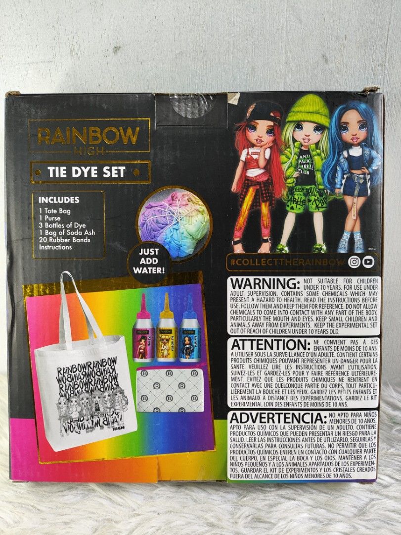 Rainbow High Tie Dye Set with Tote Bag & Purse (Category: Tote Bags) located in Cavite. Submitted by tinetaclesss (Listing ID 1462748451, Image 2). Description: - Get creative with the Rainbow High Tie Dye Set! - Includes: Tote bag, purse, dye bottles, soda ash, and rubber bands. - Easy to use: Just add water to start tie-dying. - Perfect for kids who love Rainbow High dolls and DIY projects. - Create unique, custom fabric designs. - Everything y