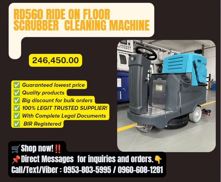 RD560 Ride on Floor Scrubber Cleaning Machine (Category: Other Home Appliances) located in Caloocan City. Submitted by michealaus73574 (Listing ID 1462782135, Image 1). Description: ●Include : 1 pcs brush, 1 pcs pad holder, 2 pcs 12V/100AH battery and 1 pcs EU charger ●Brush width : 560mm ●Squeegee width : 850mm ●Solution tank : 75L ●Recovery : 80L ●Battery : DC 12V/100Ah*2 ●Efficiency : 3600m²/H ●Raction motor : 400W ●Brush motor : 550W ●Vacuum 