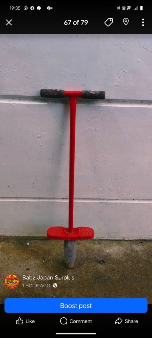 Red Pogo Stick for Kids (Category: Kids Toys) located in Bulacan. Submitted by babz30261 (Listing ID 1462881060, Image 1). Description: - Red pogo stick with black handles and red footrests. - Features a sturdy spring mechanism for reliable bouncing. - Ideal for outdoor fun and physical activity. - Suitable for children. - Get ready for exciting bouncing action!.