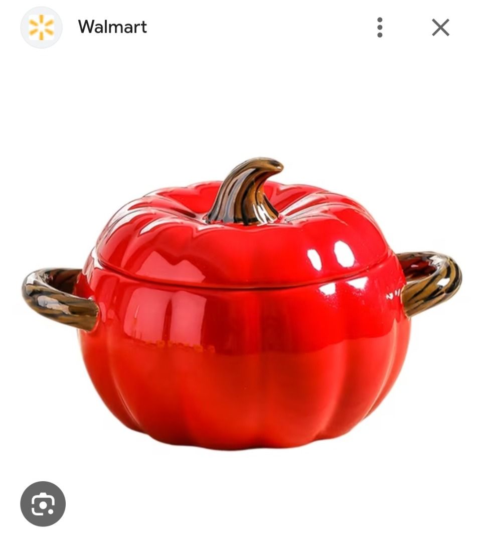 Red Pumpkin Ceramic Pot with Lid (Category: Cookware & Accessories) located in Manila. Submitted by katkween23 (Listing ID 1462733822, Image 1). Description: - Adorable red pumpkin-shaped pot with a lid. - Features convenient side handles. - Ideal for serving dishes or as a charming decorative piece. - Adds a festive touch to fall or Halloween themes. - Approximate size: [hand size for scale]..