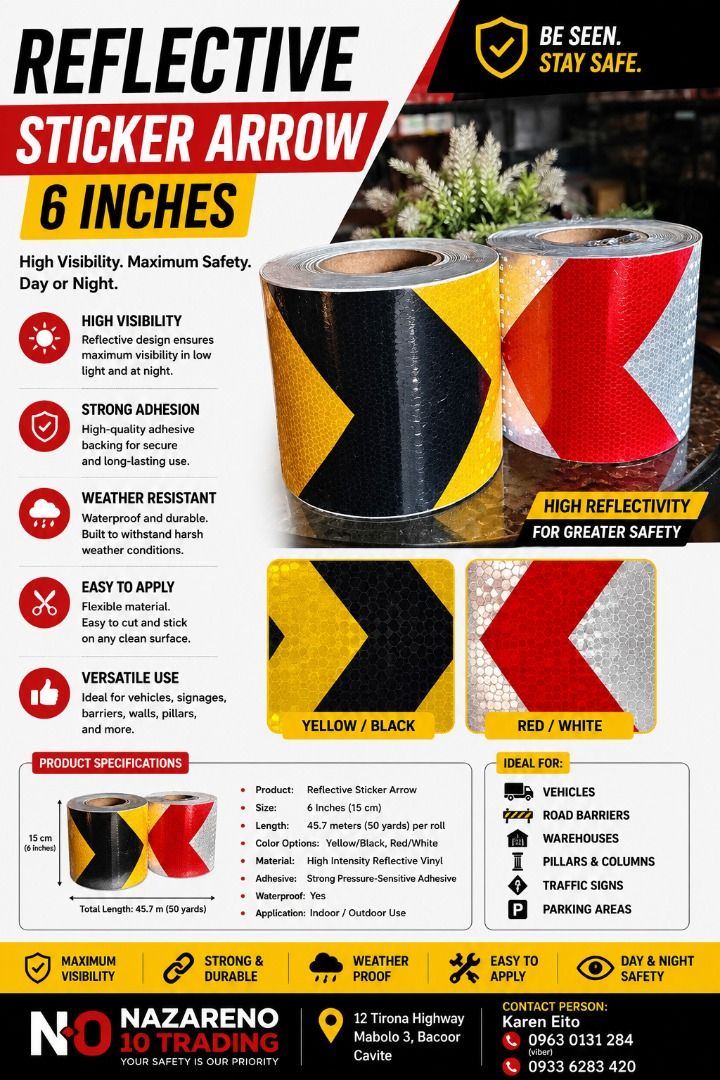 REFLECTIVE STICKER ARROW (Category: Looking For) located in Bacoor. Submitted by kajezame.2021 (Listing ID 1462722030, Image 1). Description: REFLECTIVE STICKER ARROW For More Details and Discount Contact Ms. Karen NAZARENO 10 TRADING 0963 0131 284 0933 6283 420 0956 7028 557 0933 8559 510 Landline: Look for Ms. Karen (046 ) 416 3920 Also available: • Traffic cone • Parking Block stopper • Hooded trash bin • Road Plastic Barrier • Spill boom • Fi