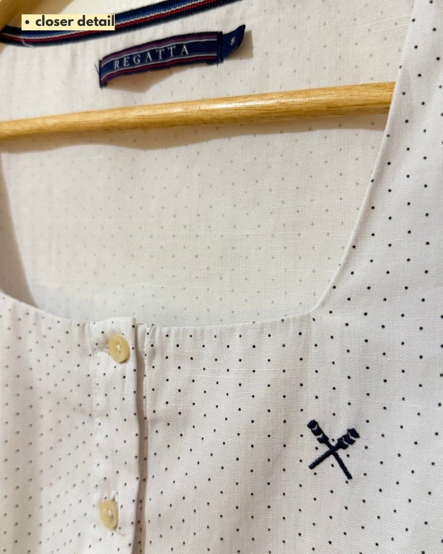 Regatta White Polka Dot Square Neck Top Size S (Category: Blouses) located in Subic. Submitted by ciesells (Listing ID 1462860218, Image 2). Description: bust: 36 (small-semi med) - Used once only (wrong size) - Square neckline with button-up front - Short sleeves - Lightweight material, perfect for warm weather.