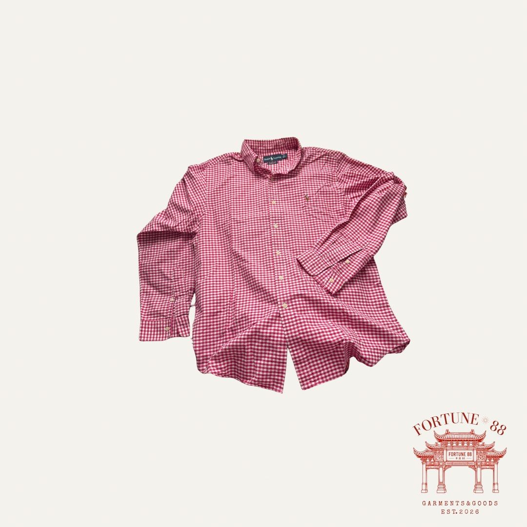 RL Pink Gingham Button-Up Shirt (Category: Clocks) located in Paranaque City. Submitted by f0rtune_88 (Listing ID 1462776765, Image 1). Description: Size: L Color: Pink / White Gingham Style: Preppy / Classic Casual Fit: Classic Fit Details: Button-up front, embroidered Polo pony logo, button cuffs, gingham check pattern Condition: Preloved, good condition Brand: Ralph Lauren Category: Unisex Style / Tag Information: Neck label reads “Ralph Laure