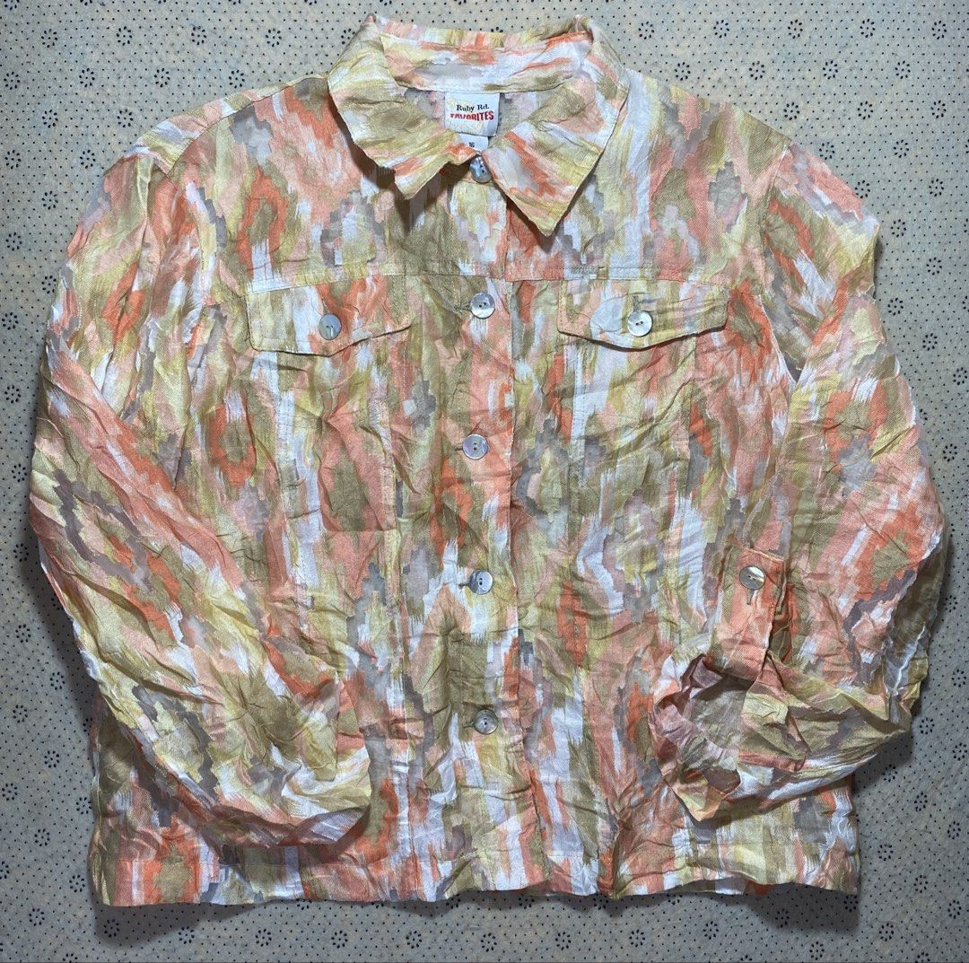 Ruby Rd. Favorites Peach Multi Abstract Ikat Print Sheer Button-Down Shirt (Category: Dresses) located in Nasipit. Submitted by yopey (Listing ID 1462846748, Image 1). Description: Ruby Rd. Favorites Peach Multi Abstract Ikat Print Sheer Button-Down Shirt Size: M Dimes: 22x23 Condition: Good .