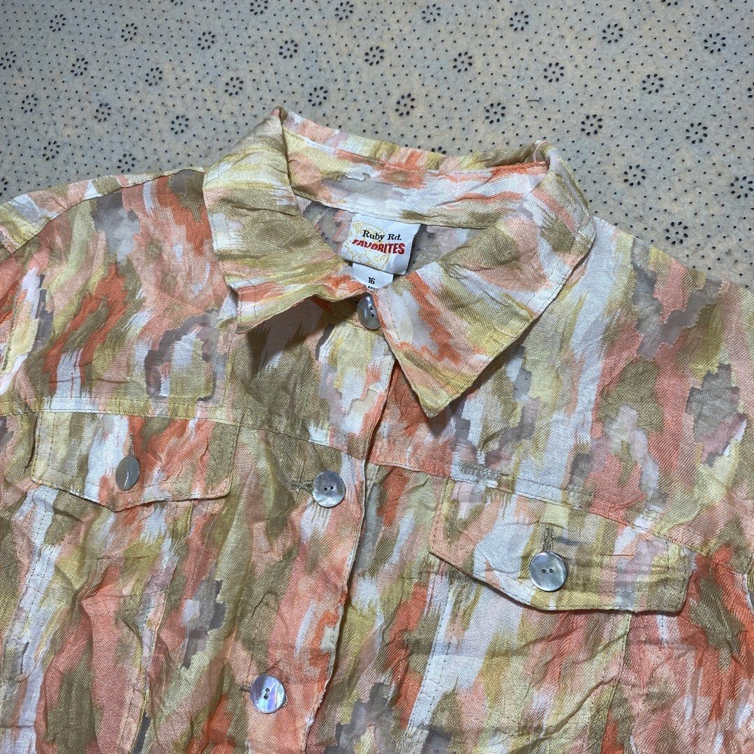 Ruby Rd. Favorites Peach Multi Abstract Ikat Print Sheer Button-Down Shirt (Category: Dresses) located in Nasipit. Submitted by yopey (Listing ID 1462846748, Image 2). Description: Ruby Rd. Favorites Peach Multi Abstract Ikat Print Sheer Button-Down Shirt Size: M Dimes: 22x23 Condition: Good .
