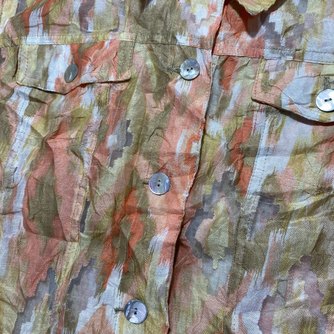 Ruby Rd. Favorites Peach Multi Abstract Ikat Print Sheer Button-Down Shirt (Category: Dresses) located in Nasipit. Submitted by yopey (Listing ID 1462846748, Image 3). Description: Ruby Rd. Favorites Peach Multi Abstract Ikat Print Sheer Button-Down Shirt Size: M Dimes: 22x23 Condition: Good .