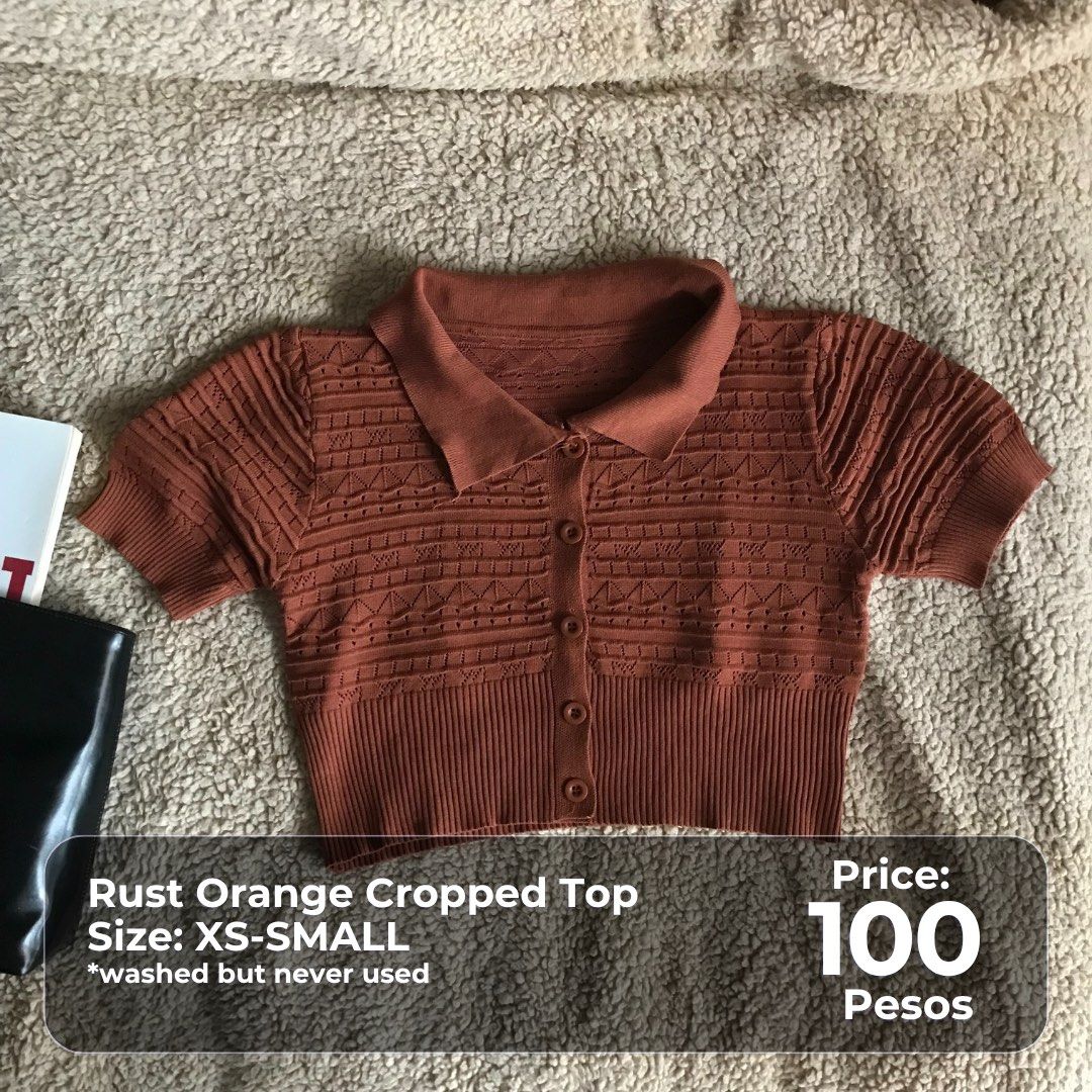 Rust Orange Collared Cropped Knit Top XS-SMALL (Category: Blouses) located in Pasig City. Submitted by thatgirlsamlara (Listing ID 1462719006, Image 1). Description: 🙋‍♀️Model Reference: I’m 5’2 and Small by body frame (25.5in Waistline). Actual photo posted. ‼️ Check photo for specific size, dimensions and price details. condition and issues if there are, are also declared. ‼️LAST PRICE POSTED 👉🏼 My items are in excellent condition unless oth
