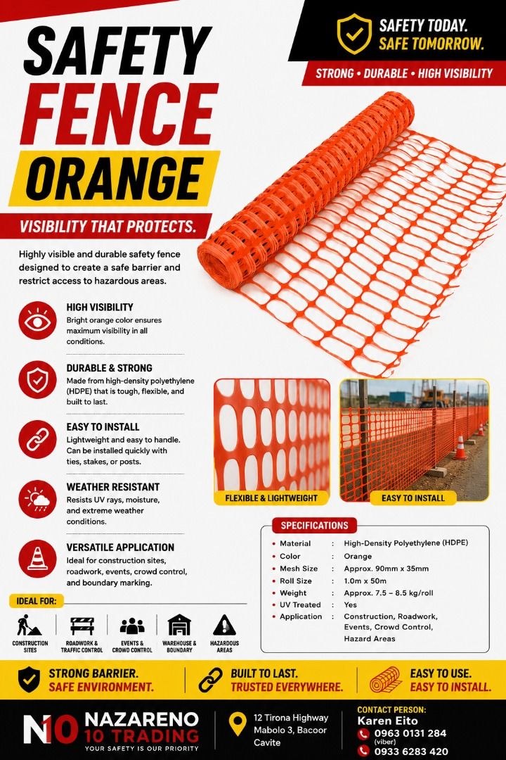 SAFETY FENCE ORANGE MESH (Category: Looking For) located in Bacoor. Submitted by kajezame.2021 (Listing ID 1462722500, Image 1). Description: SAFETY FENCE ORANGE MESH For More Details and Discount Contact Ms. Karen NAZARENO 10 TRADING 0963 0131 284 0933 6283 420 0956 7028 557 0933 8559 510 Landline: Look for Ms. Karen (046 ) 416 3920 Also available: • Traffic cone • Parking Block stopper • Hooded trash bin • Road Plastic Barrier • Spill boom • Fi