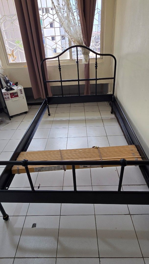 Sagstua Bed Frame from Ikea (Category: Bed Frames & Mattresses) located in Manila. Submitted by nikitaclaire (Listing ID 1462711400, Image 1). Description: - IKEA Sagstua Bed Frame - Material: Metal - Includes Luroy slatted bed base - Size: 48x75" (double).