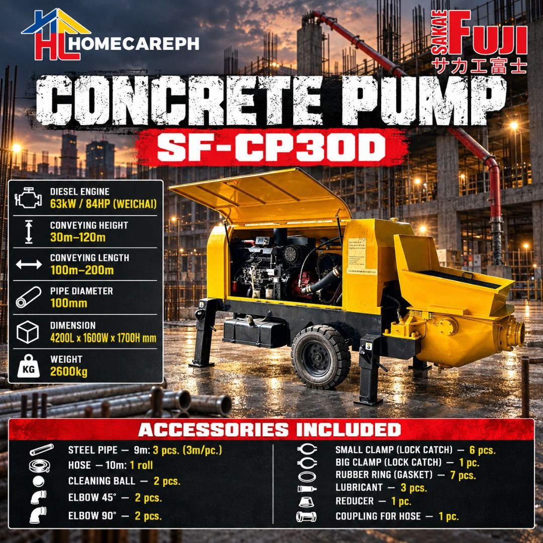 Sakae Fuji Concrete Pump CP-CP30D (Category: Construction Tools & Equipment) located in Manila. Submitted by homecareph (Listing ID 1284814492, Image 1). Description: 09-19-2026 ✅For Sale!!! ✅Retail / Wholesale ✅SAKAE FUJI CONCRETE PUMP ✅SF-CP30D ✅DIESEL ENGINE 63kW / 84HP (WEICHAI) ✅CONVEYING HEIGHT 30m–120m ✅CONVEYING LENGTH 100m–200m ✅PIPE DIAMETER 100mm ✅DIMENSION 4200L × 1600W × 1700H mm ✅WEIGHT 2600kg ✅ACCESSORIES INCLUDED • STEEL PIPE — 9m