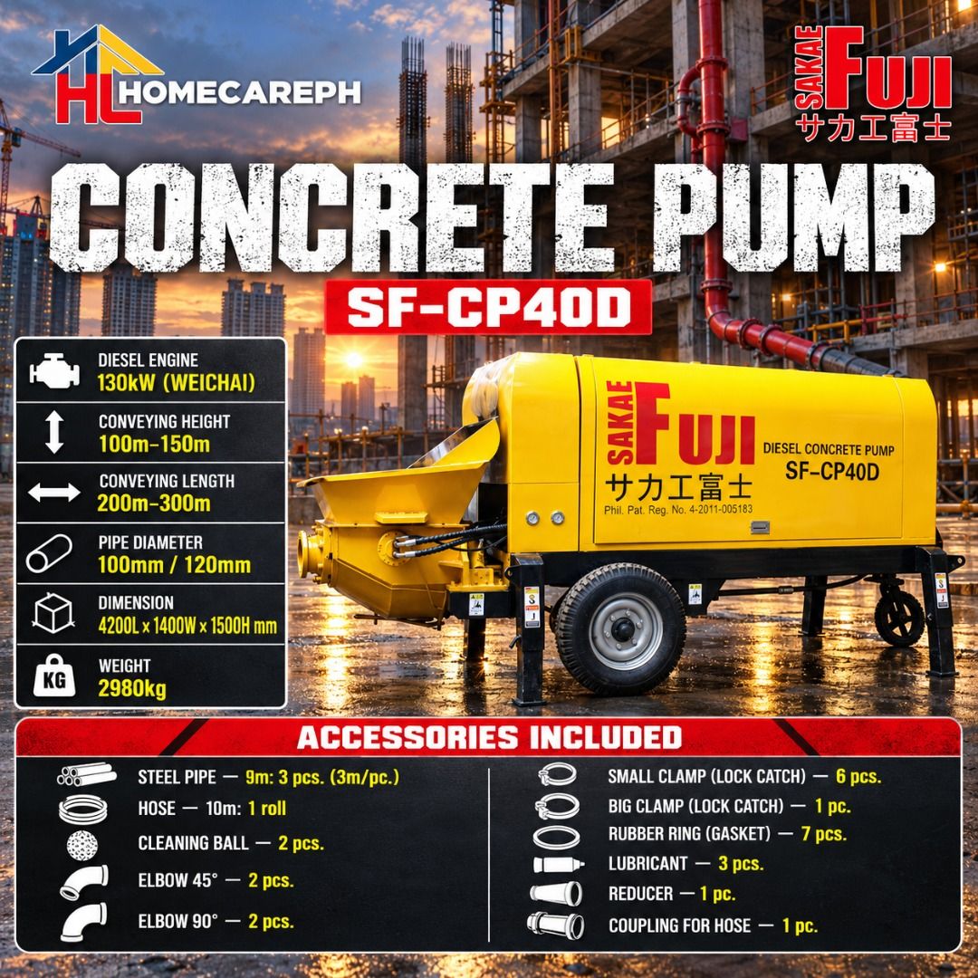 Sakae Fuji Concrete Pump CP-CP40D (Category: Construction Tools & Equipment) located in Manila. Submitted by homecareph (Listing ID 1336547307, Image 1). Description: 09-19-2026 ✅For Sale!!! ✅Retail / Wholesale ✅SAKAE FUJI CONCRETE PUMP ✅SF-CP40D ✅DIESEL ENGINE 130kW (WEICHAI) ✅CONVEYING HEIGHT 100m–150m ✅CONVEYING LENGTH 200m–300m ✅PIPE DIAMETER 100mm / 120mm ✅DIMENSION 4200L × 1400W × 1500H mm ✅WEIGHT 2980kg ✅ACCESSORIES INCLUDED • STEEL PIPE —
