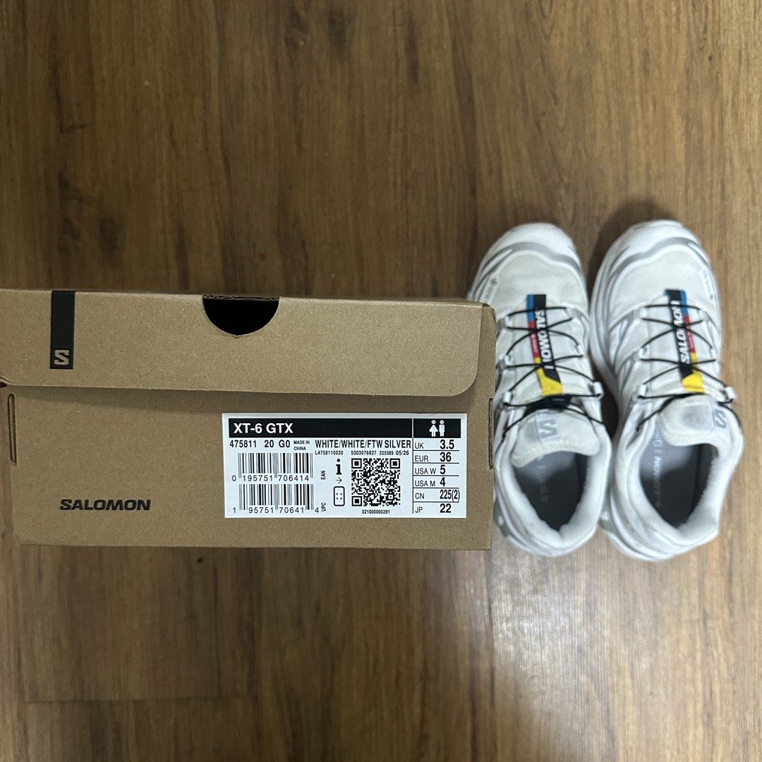 Salomon XT-6 Gore-tex (GTX) White/Silver (Category: Sneakers) located in Manila. Submitted by jemsnotgem (Listing ID 1462786210, Image 1). Description: - Salomon XT-6 GTX Shoes - Color: White/Silver - Size: UK 3.5 / EUR 36 / US 5 (women) / US 4 (men) - Gender: Unisex - Gore-Tex Waterproof Membrane - Includes Original Box - Minor signs of wear. Not really visible from afar - Originally bought for 14,990 - MOP: BPI, GCash, Maribank.