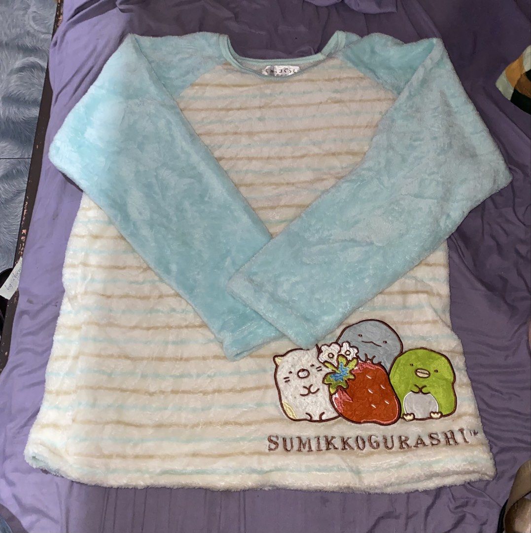 San-X Sumikko Gurashi Fluffy Pajama Top (Category: Coats, Jackets and Outerwear) located in San Jose del Monte. Submitted by skyarraa (Listing ID 1462733082, Image 1). Description: - Super soft and cozy fluffy pajama top - Features cute Sumikko Gurashi characters with a strawberry - Pastel stripes all over - Long sleeves - Ideal for lounging at home - Perfect for Sumikko Gurashi fans!.