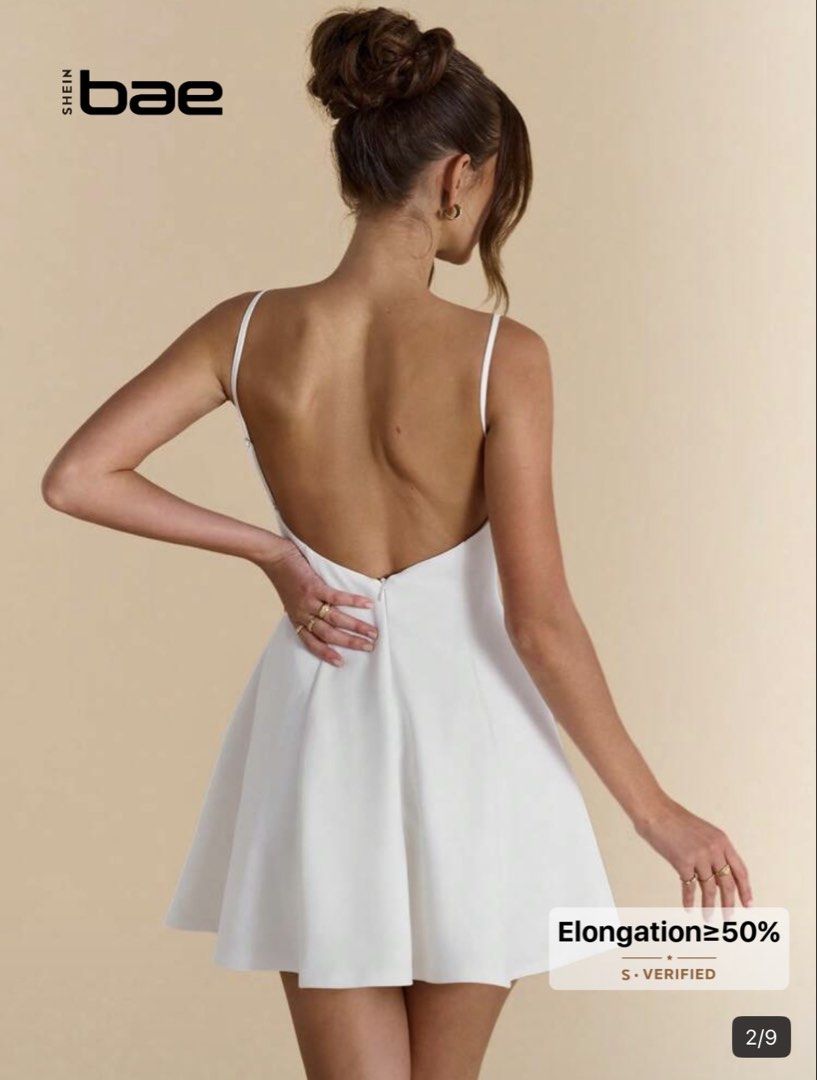 SHEIN Bae White Spaghetti Strap Backless Mini Dress (Category: Dresses) located in Valenzuela. Submitted by _1011100 (Listing ID 1462727895, Image 2). Description: - White mini dress - Spaghetti straps - Square neckline - Open back - Flattering fit and flare style - Fabric has stretch - Ideal for parties or a night out.