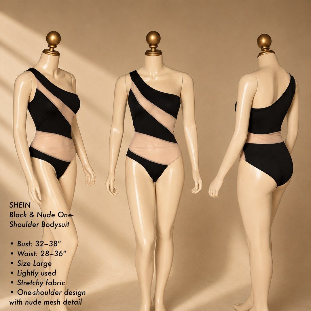 SHEIN Black & Nude One-Shoulder Bodysuit | Large (Category: Others Tops) located in Manila. Submitted by meisu_mnl (Listing ID 1462831241, Image 1). Description: SHEIN Black & Nude One-Shoulder Bodysuit 🖤🤎 Lightly used ✨ Size: L Bust: 32–38" Waist: 28–36" • One-shoulder design • Black & nude contrast • Sheer mesh panel detail • Stretchy, comfortable fabric • Snap-button closure • Flattering fitted silhouette Chic and classy with a little edge! 