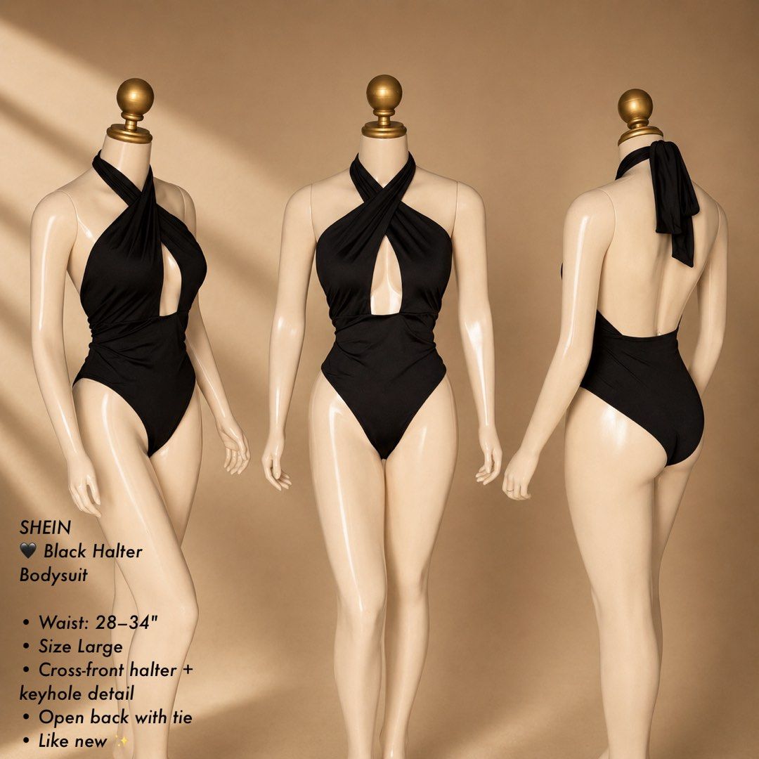 SHEIN Black Halter Bodysuit | Large (Category: Others Tops) located in Manila. Submitted by meisu_mnl (Listing ID 1462829963, Image 1). Description: SHEIN Black Halter Bodysuit 🖤✨ Like new ✨ Size: L Color: Black Waist: 28–34" • Cross-front halter neckline • Keyhole front detail • Open back • Tie-back closure • Flattering fitted style • Soft & stretchy fabric Sexy but classy 🖤 Perfect for date nights, parties, dinners or a night-out look. Pair w