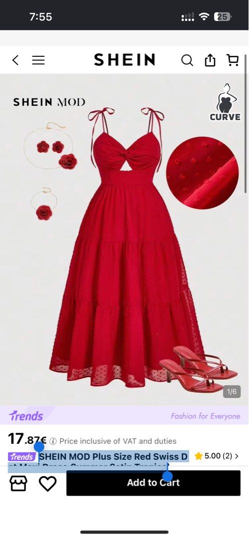 SHEIN MOD Red Swiss Dot Dress (Category: Dresses) located in Manila. Submitted by trendify.collections (Listing ID 1462804448, Image 1). Description: freesize - Red midi dress from SHEIN - Features tie straps and a stylish cutout detail - All-over Swiss dot texture for a charming look - Tiered skirt for a flowy silhouette - Ideal for dates, parties, or any special occasion.
