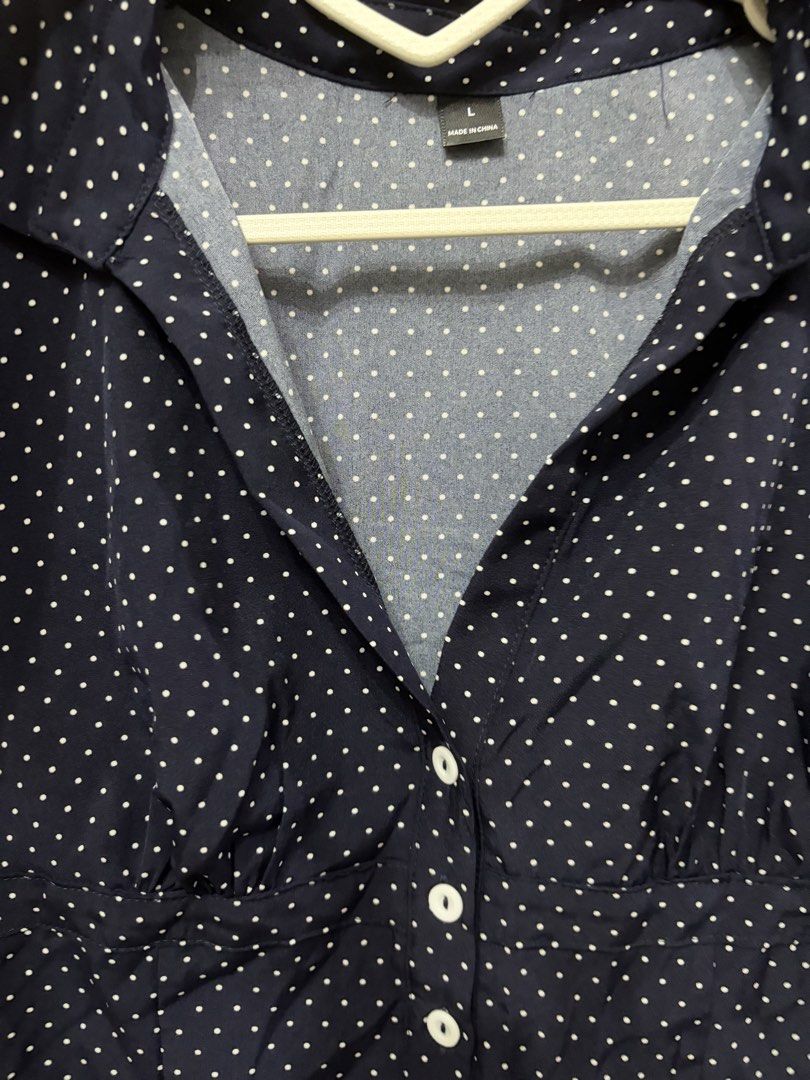 Shein Polka Navy Blue Polo Top (Category: Others Tops) located in Pateros City. Submitted by downsizin (Listing ID 1462784076, Image 2). Description: Size L.