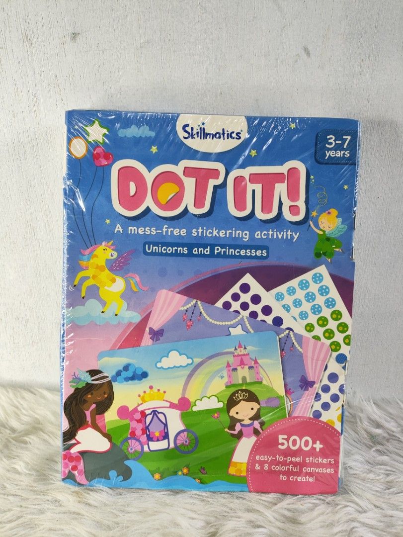 Skillmatics Dot It! Unicorns and Princesses Sticker Activity Book (Category: Children's Books) located in Cavite. Submitted by tinetaclesss (Listing ID 1462696645, Image 1). Description: - Fun, mess-free sticker activity for kids aged 3-7. - Features magical Unicorn and Princess themes. - Includes over 500 easy-to-peel stickers. - Comes with 8 colorful canvases to create scenes. - Helps develop fine motor skills, focus, and creativity. - Perfect 