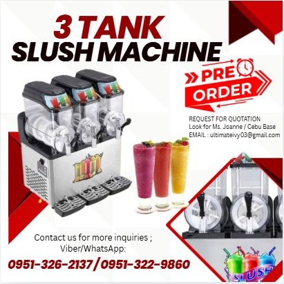 SLUSH MACHINE 3Tanks (Category: Other Home Appliances) located in Caloocan City. Submitted by cleverdog_5a203a (Listing ID 1462774812, Image 1). Description: Model: KS-15A×3 Capacity: 15 liter×3 Compressor: Cubigel R134a Voltage: 220V-240V/110V-120V 50HZ/60HZ Power:800W Temperature: -2~-3℃ Size (Shape/package): 60*56*76cm/72*66*91cm Weight(Net/Gross): 68kg/83Kg Terms Of Payment 💰50% Down payment Upon Processing 💸 💰50% Upon pick up 💸 ✅ 100% LE