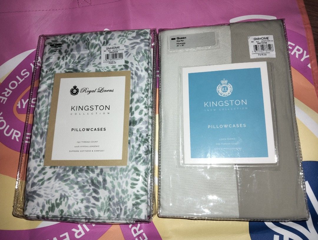 SM Home Kingston Collection Pillowcases (20x30) (Category: Bedding & Towels) located in Caloocan City. Submitted by girlshopmcollection (Listing ID 1462852349, Image 1). Description: - Set of 2 Queen Size Pillowcases from SM Home's Kingston Collection - Available in Green Leaf Print or Neutral Beige/Grey - Made from premium Linen fabric - 300 Thread Count for a luxurious feel - Hypoallergenic for sensitive skin - Offers supreme softness and comfo