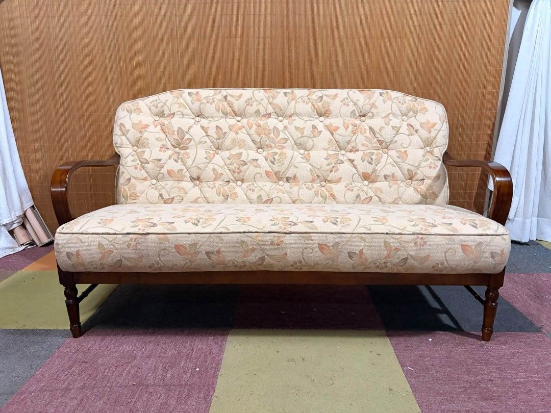 Sofa (Category: Sofas) located in Meycauayan. Submitted by marygracecasimiro (Listing ID 1462768216, Image 3). Description: 🔥SEPTEMBER SUPER SAGAD SALE!!!🔥 NOW : 10,500 ONLY!!!✅ 😍SWEDISH DESIGN ANGGANDA!!! Vintage KARIMOKU Colonial Series Sofa 3-Seater Diamond Pattern Tufted Sofa SOLID WOOD FRAME!!! CURVED ARMREST!!! Cream Colored Upholstery with Soft Floral Fabric Price : 15k ❌ 🔥NOW : 10,500 ONLY!!!✅ *SEE VIDEO COMMENT 55L x 29W x 16H seat h