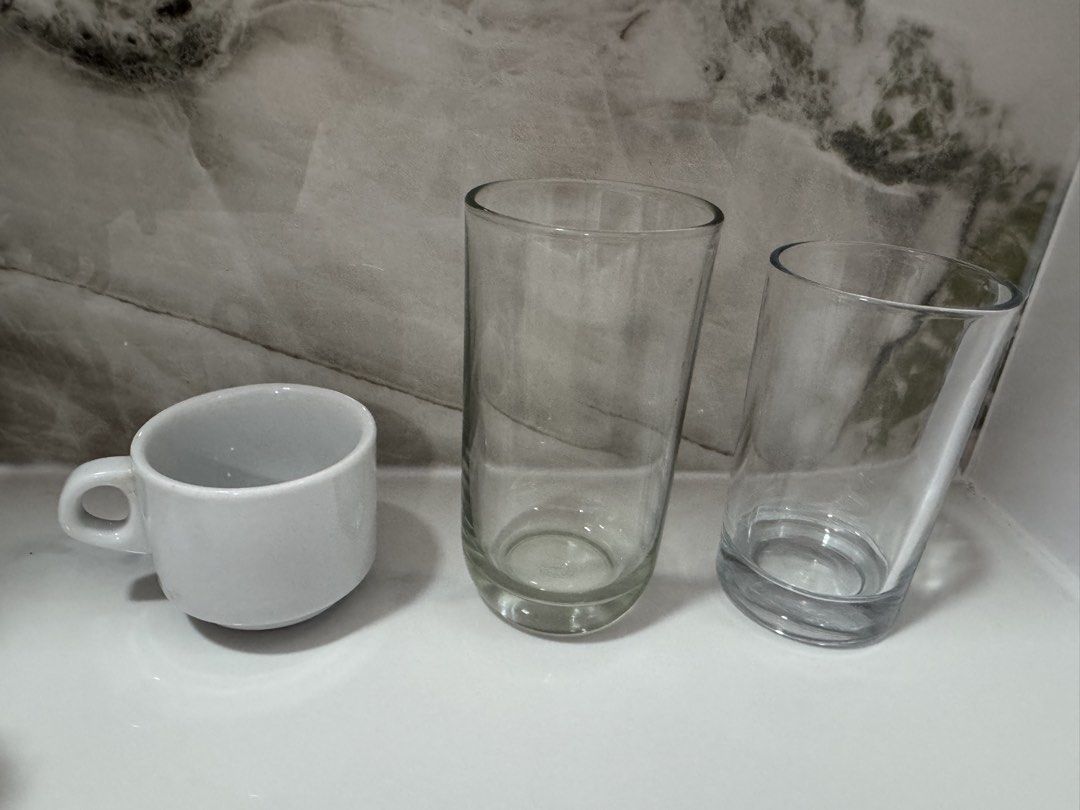 SOLD EACH White Coffee Cup and Two Clear Glasses (Category: Coffee & Tea Tableware) located in Manila. Submitted by decluterthings888 (Listing ID 1462719242, Image 1). Description: .