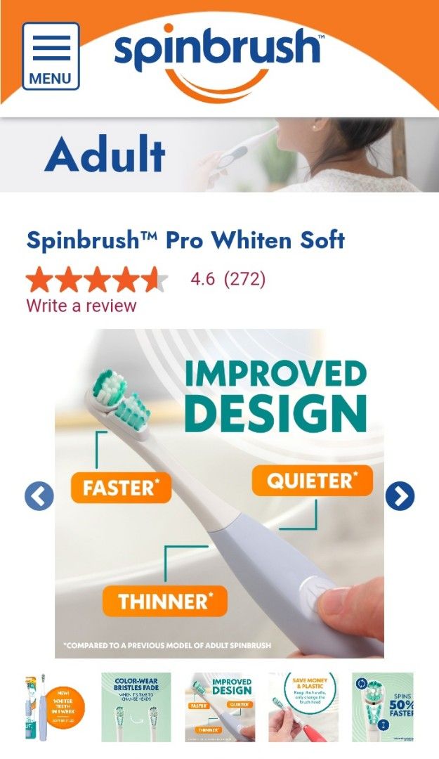 SPINBRUSH PRO WHITEN toothbrush handle w/ 2 replaceable head (Category: Oral Care) located in Pasig City. Submitted by kuhkuh (Listing ID 1462827408, Image 1). Description: Originally Dual-pack w/ 4-refills Have used 1-set..selling d' other 1-set (1-brush + 2-refills) One New & Improved SPINBRUSH PRO WHITEN toothbrush handle with 2 replaceable brush head; two AA batteries included Helps you achieve whiter teeth in one week when using regular toot