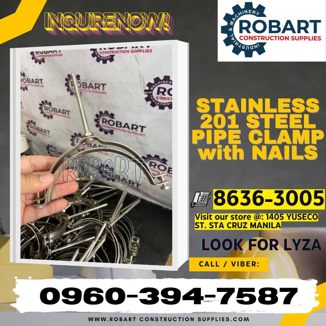 Stainless 201 Steel Pipe Clamp with Nails (Category: Looking For) located in Manila. Submitted by lyssarobart19xx (Listing ID 1462709318, Image 1). Description: Stainless 201 Steel Pipe Clamp with Nails Size: 110 Code: DDGK-201-03 𝑹𝑶𝑩𝑨𝑹𝑻 𝑪𝑶𝑵𝑺𝑻𝑹𝑼𝑪𝑻𝑰𝑶𝑵 𝑺𝑼𝑷𝑷𝑳𝑰𝑬𝑺 𝒪𝒻𝒻𝒾𝒸𝑒 𝒜𝒹𝒹𝓇𝑒𝓈𝓈: 𝟣𝟦𝟢𝟧 𝒴𝓊𝓈𝑒𝒸𝑜 𝒮𝓉. 𝒮𝓉𝒶 𝒞𝓇𝓊𝓏 𝑀𝒶𝓃𝒾𝓁𝒶 ꜱᴇɴᴅ ᴜꜱ ᴍᴇꜱꜱᴀɢᴇ ꜰᴏʀ ɪɴQᴜɪʀɪᴇꜱ ‼️ ‼️ ɢʟᴏʙᴇ: (0966-827-7091) ꜱᴍʀᴛ - (0960-394-75