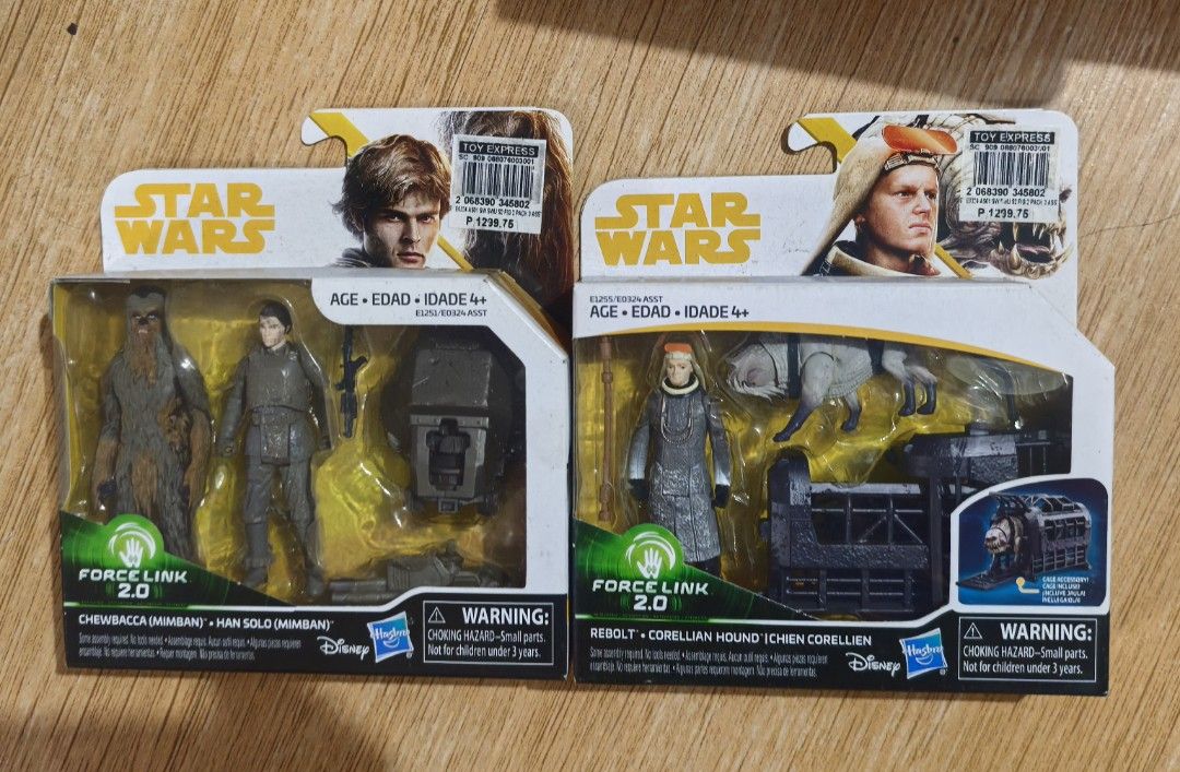 Star Wars Force Link 2.0 Action Figure php595 each (Category: Figurines & Statues) located in Mandaluyong City. Submitted by ecq_sale (Listing ID 1462839149, Image 1). Description: - Star Wars Force Link 2.0 Action Figure - Set 1: Chewbacca & Han Solo (Mimban) - Set 2: Rebolt & Corellian Hound - Recommended for ages 4 and up - Ideal for Star Wars collectors - Great addition to any fan's collection.