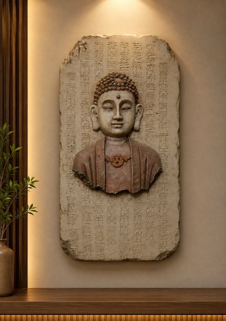 Stone Buddha Bust Wall Plaque with Chinese Inscriptions (Category: Wall Decor) located in Caloocan City. Submitted by jeicee858582831 (Listing ID 1462854713, Image 1). Description: - Unique Buddha bust carved into a stone plaque. - Features intricate Chinese inscriptions. - Rustic, aged aesthetic for a vintage feel. - Perfect for adding spiritual or cultural ambiance to your home decor. - A truly one-of-a-kind wall art piece. As is.