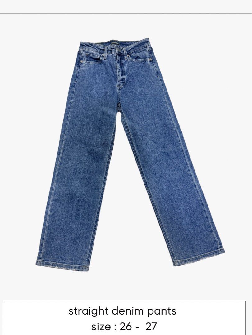 Straight Denim Pants Size 26-27 (Category: Jeans) located in Manila. Submitted by shai.rms (Listing ID 1462687744, Image 1). Description: - Straight cut denim pants - Fits waist size 26-27 - Classic blue wash - Ideal for everyday wear - Versatile: pairs easily with any top.
