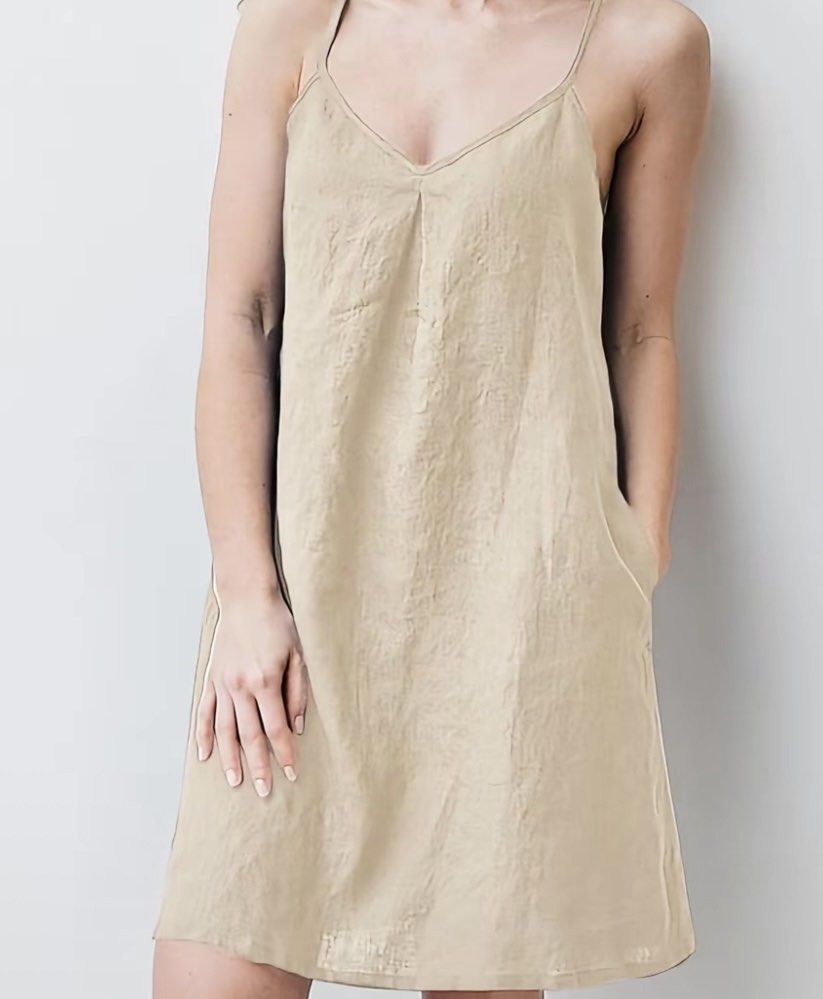 Summer Plain V neck dress (Category: Dresses) located in Manila. Submitted by juvy13 (Listing ID 1462770172, Image 3). Description: - Beige linen blend midi dress - Spaghetti straps with racerback detail - Flattering V-neckline with gathered bust - Convenient pockets - Super comfy and breathable fabric - Ideal for casual outings or layering - with side pocket .