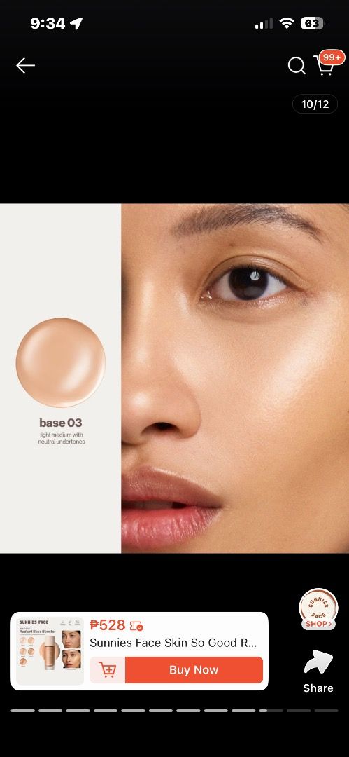 Sunnies Face Base Booster Multi-Use Tinted Illuminator Base 03 (Category: Makeup) located in Quezon City. Submitted by thicc.co (Listing ID 1462836727, Image 3). Description: - Sunnies Face Skin So Good Foundation - Shade: Base 03 - Undertone: Neutral - Finish: Natural glow - Ideal for: Everyday wear - Reason for selling: Too many steps in make up I cant keep up 🙂‍↕️ 70-80% full bought last December 2025. This retails for 500+ in orange app righ