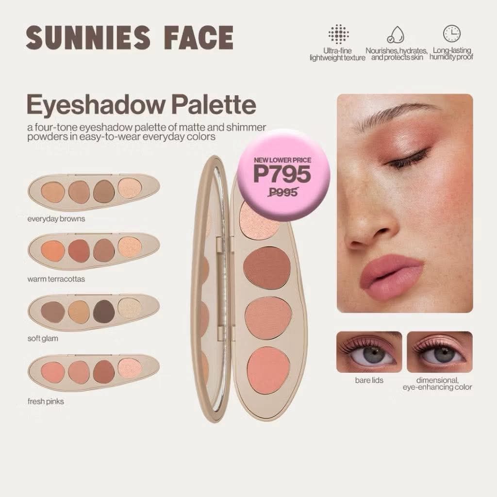 Sunnies Face Healthy Touch Eyeshadow Palette (Category: Makeup) located in San Jose del Monte. Submitted by yumiii24 (Listing ID 1462861521, Image 2). Description: Sunnies Eyeshadow Palette ₱395 only Fresh pink 3 Soft glam 2 Everyday browns 2 Warm terracottas 1.