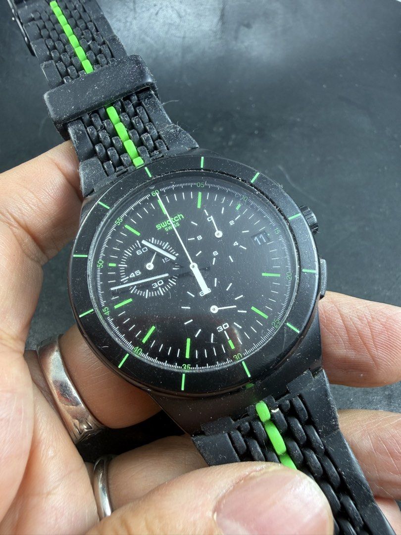 瑞士製造Swatch計時chronograph男裝電子錶 （分類：手錶）位於 Hong Kong。 由 yuenyung28 提交（商品編號 1462791074，圖片 3）。簡介： 行走及計時良好。