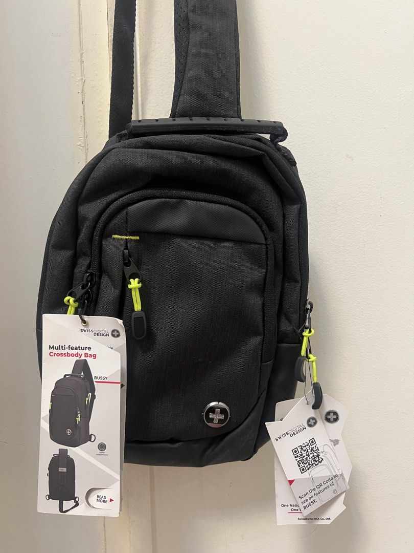 Swissdigital Design Multi-Function Crossbody Backpack – Brand New with Tags (Category: Sling Bags) located in San Fernando. Submitted by mahanne (Listing ID 1462749434, Image 1). Description: Description Brand new Swissdigital Design multi-function bag 🎒 ✨ Brand new with original tags ✨ Black color with sporty yellow accents ✨ Can be used as a crossbody/sling bag or backpack ✨ Multiple compartments for organized storage ✨ Lightweight and practic