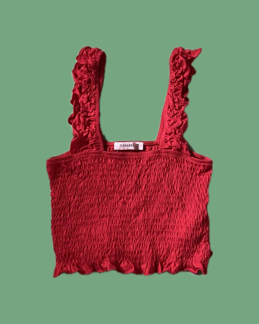 Terranova red ruffle square neck crop top (Category: Others Tops) located in Manila. Submitted by blacksparklecat (Listing ID 1462854561, Image 1). Description: 📍Pasig|Rizal -size: xs-s -used twice!! .