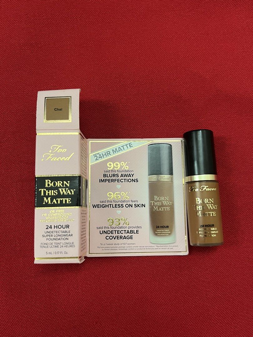 Too faced this born this way matte foundation (Category: Makeup) located in Manila. Submitted by luxeclassyshop (Listing ID 1462685297, Image 2). Description: Too faced this born this way matte foundation 5ml 24hrs undetechable super longwear foundation Shade Light beige 1 Snow 3 Chai 1 Warm sand 1 Mini size .