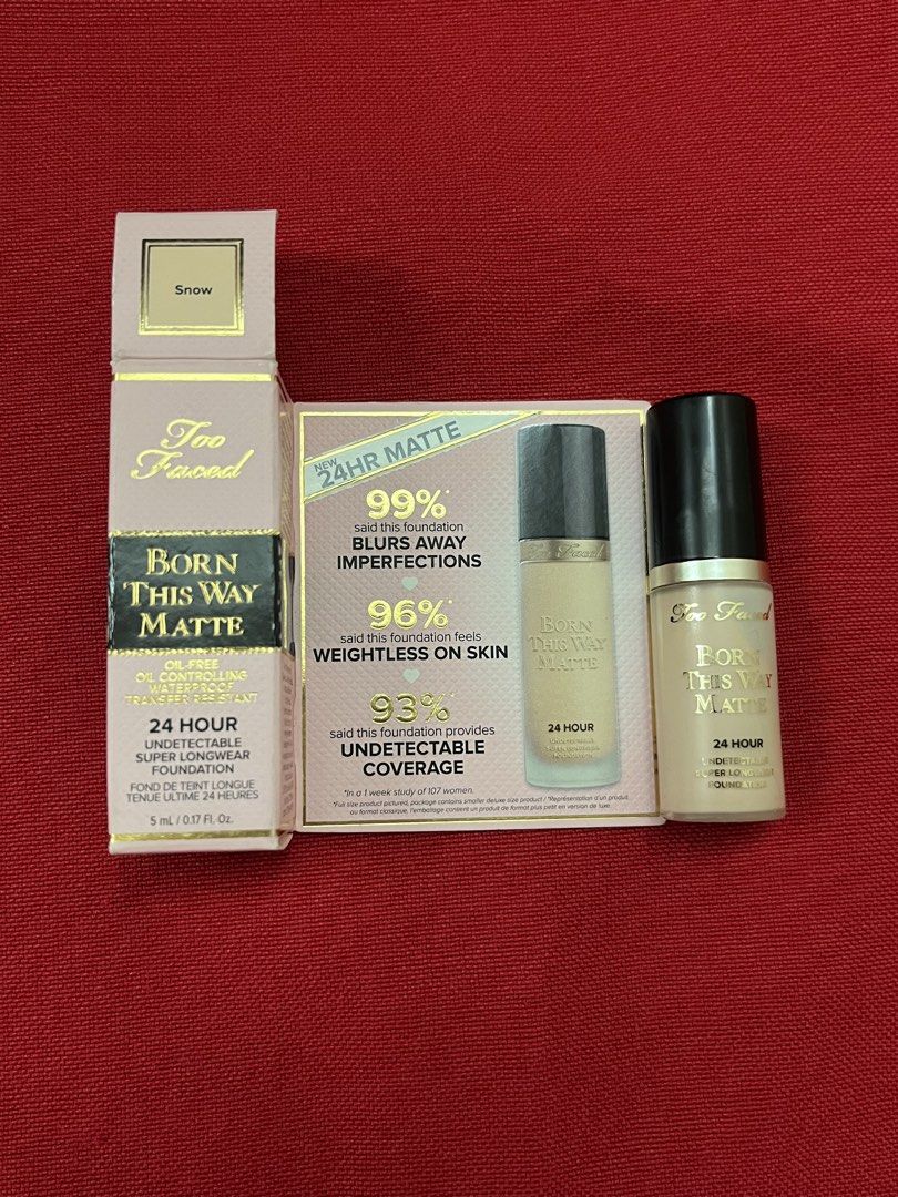 Too faced this born this way matte foundation (Category: Makeup) located in Manila. Submitted by luxeclassyshop (Listing ID 1462685297, Image 3). Description: Too faced this born this way matte foundation 5ml 24hrs undetechable super longwear foundation Shade Light beige 1 Snow 3 Chai 1 Warm sand 1 Mini size .
