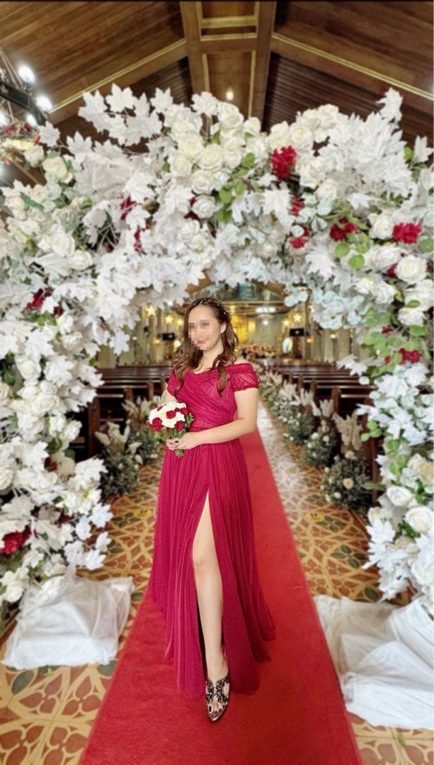 Tulle Gown (Burgundy — tailor made) (Category: Evening dresses & gowns) located in Bacoor. Submitted by editbyl (Listing ID 1462791498, Image 1). Description: Once used burgundy off-shoulder tulle gown. Fits Medium to Semi-Large body frame. Original price is ₱5,000 tailor made..