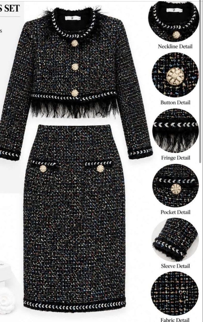 Tweed Coords Set - Cropped Jacket & Skirt (Category: Sets or Coordinates) located in Apalit. Submitted by trinaaa25 (Listing ID 1462681249, Image 1). Description: - Chic and sophisticated tweed coords set - Cropped jacket with feather fringe and gold buttons - High-waisted skirt with front pockets - Made with premium tweed fabric and multicolor threads - Fully lined for comfort - Size: S-M - Waist: 27-28 inches - Skirt length: 27 inches.
