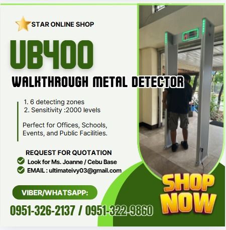 UB400 WalkThrough Metal Detector (Category: Other Home Appliances) located in Caloocan City. Submitted by daceyjynne09404 (Listing ID 1462774113, Image 1). Description: Perfect for Offices, Schools, Events, and Public Facilities 1. 6 detecting zones 2. Sensitivity :2000 levels 3.calibration : Automatic when power on 4. Control Panel: Digital LED Display 5. Access Control : Button Panel 3. Alarm Indicator: LED lamp light and sound 4. People and al