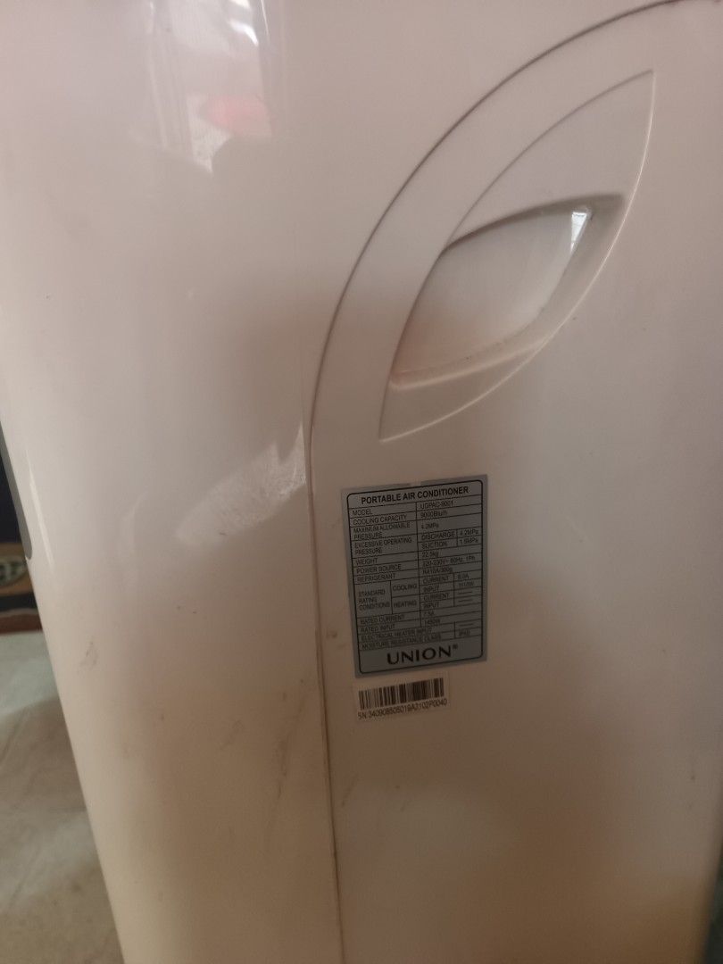UNION Portable Air Conditioner With Issue (Category: Air Conditioning and Heating) located in Bacoor. Submitted by purelion_d89f47 (Listing ID 1462827224, Image 2). Description: - UNION Portable Air Conditioner - Modes: Cool, Fan, Dry - Digital Display -Compressor; working condition but not satisfyingly cool. - Minor scuffs and marks on body - Ideal for room cooling. -Inclusions Unit and Original Box Only; NOTE TO VIEWERS: If you would like to in