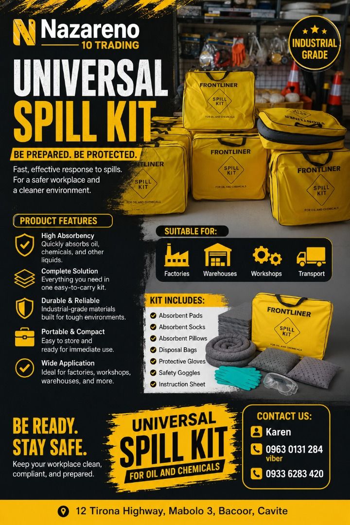 UNIVERSAL SPILL KIT (Category: Looking For) located in Bacoor. Submitted by kajezame.2021 (Listing ID 1462690889, Image 1). Description: UNIVERSAL SPILL KIT For More Details and Discount Contact Ms. Karen NAZARENO 10 TRADING 0963 0131 284 0933 6283 420 0956 7028 557 0933 8559 510 Landline: Look for Ms. Karen (046 ) 416 3920 Also available: • Traffic cone • Parking Block stopper • Hooded trash bin • Cooler box • Spill boom • Fishing buoy • Spill K