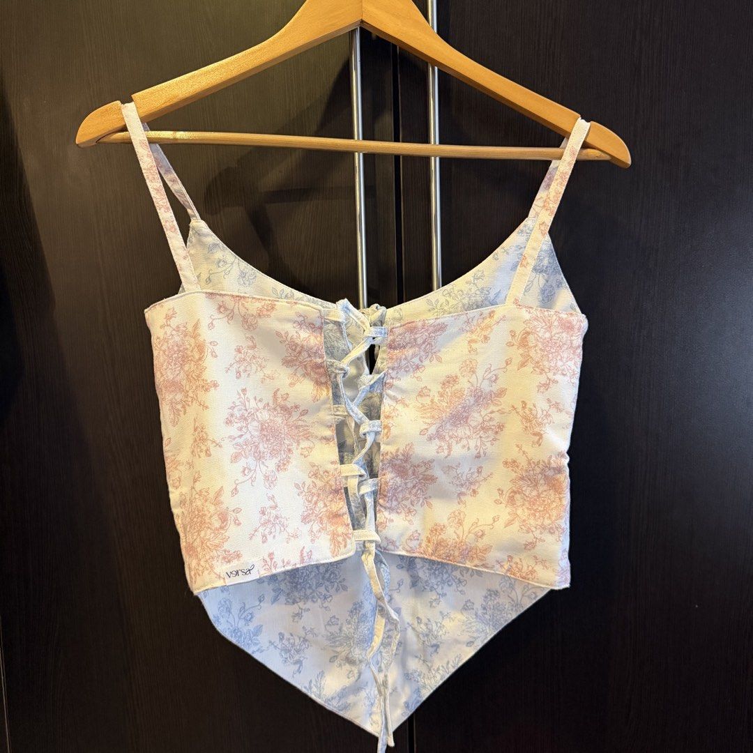 Versa Reversible Pink and Blue Toile Top (Category: Others Tops) located in Manila. Submitted by avhri (Listing ID 1462863223, Image 3). Description: only worn once, in excellent condition can fit XS - S loc: metro manila mod: j&t, lalamove, grab, moveit express mop: gcash, maya, bpi.