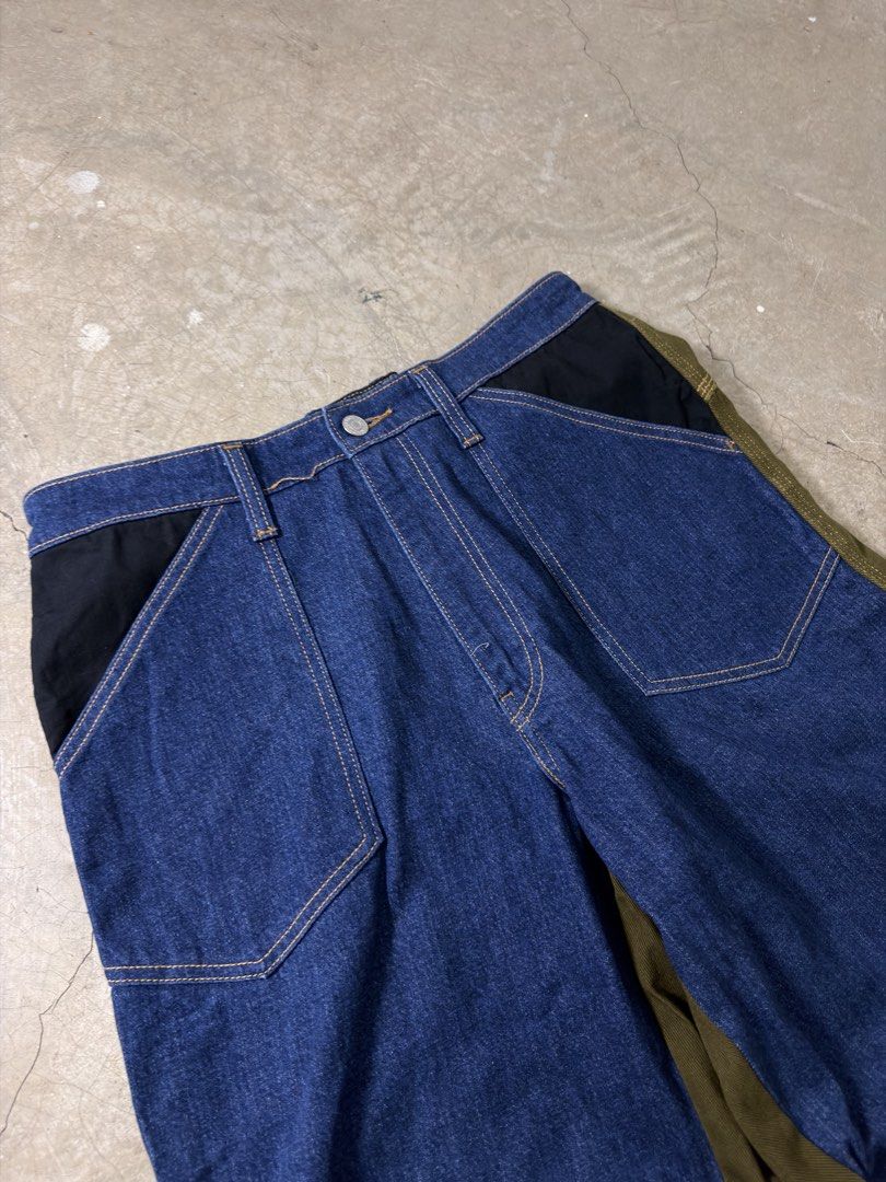 Very rare 1st proto Levi's Patchwork Denim Cargo Pants (Category: Jeans) located in Alfonso. Submitted by jbcamet (Listing ID 1462867812, Image 3). Description: - Unique Levi's patchwork pants - 1st proto of levis - Mix of denim and olive green fabric - Functional cargo pockets on the sides - Comfortable elastic waistband - Perfect for a stylish casual look.