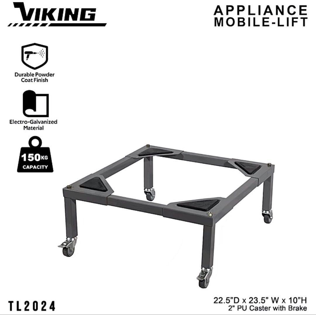 Viking Refrigerator/Washing machine/Appliance Stand (Category: Home Improvement Tools & Accessories) located in Makati City. Submitted by je.luxe.life (Listing ID 1462719954, Image 3). Description: Viking Adjustable appliance stand. Min: 22.5in x 19.5in Max: 28.5in x 26in 150kg heavy duty capacity 10” lifting height 4 triangular rubber pads to absorb vibration Powder coated silver grey Fully welded base framing Just bought online for 1.8k. Assemb
